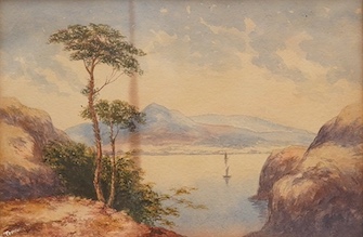 James Walter Gozzard (1888-1950), watercolour, Riverscape with barges, signed, ornately gilt framed, together with a Continental watercolour, Mountainous lakeside scene, indistinctly signed lower left, largest 22 x 37cm,